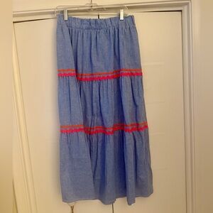 Vilagallo Blue Check Maxi Skirt with Pink & Orange Trim